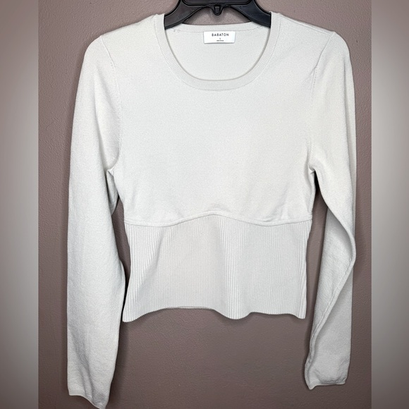 Babaton Sculpt Knit Empire Longsleeve Rib Knit Corset Top in Matte Pearl Size L - Picture 2 of 16